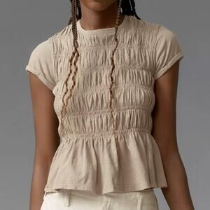 ANTHRO NWOT The Tabby Ruched Smocked Cap-Sleeve Tee by Pilcro Beige S Neutral
